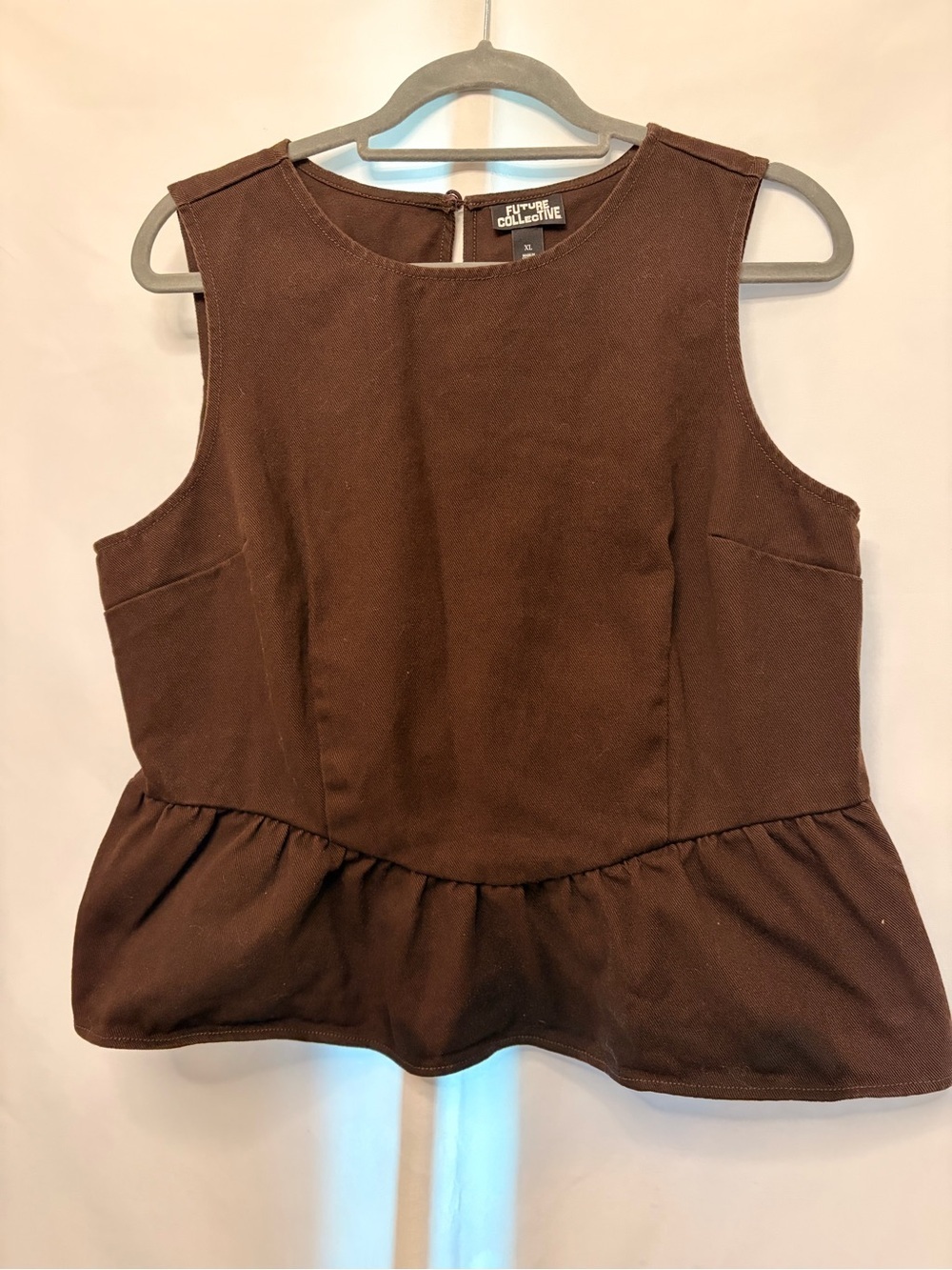 Future Collective Denim Peplum Sleeveless Top Dark Chocolate Brown - Picture 2 of 7